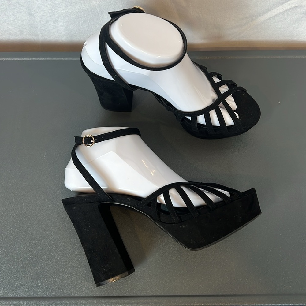 Mango Black Strappy Platform Heels Size 39 (US 8.5) Ankle Cuff Peep Toe - Picture 6 of 14
